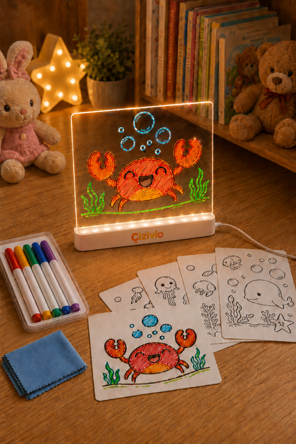 Çizivio LED Işıklı Çizim ve Boyama Panosu – Stantlı, 6 Kalemli Çocuk Aktivite Seti