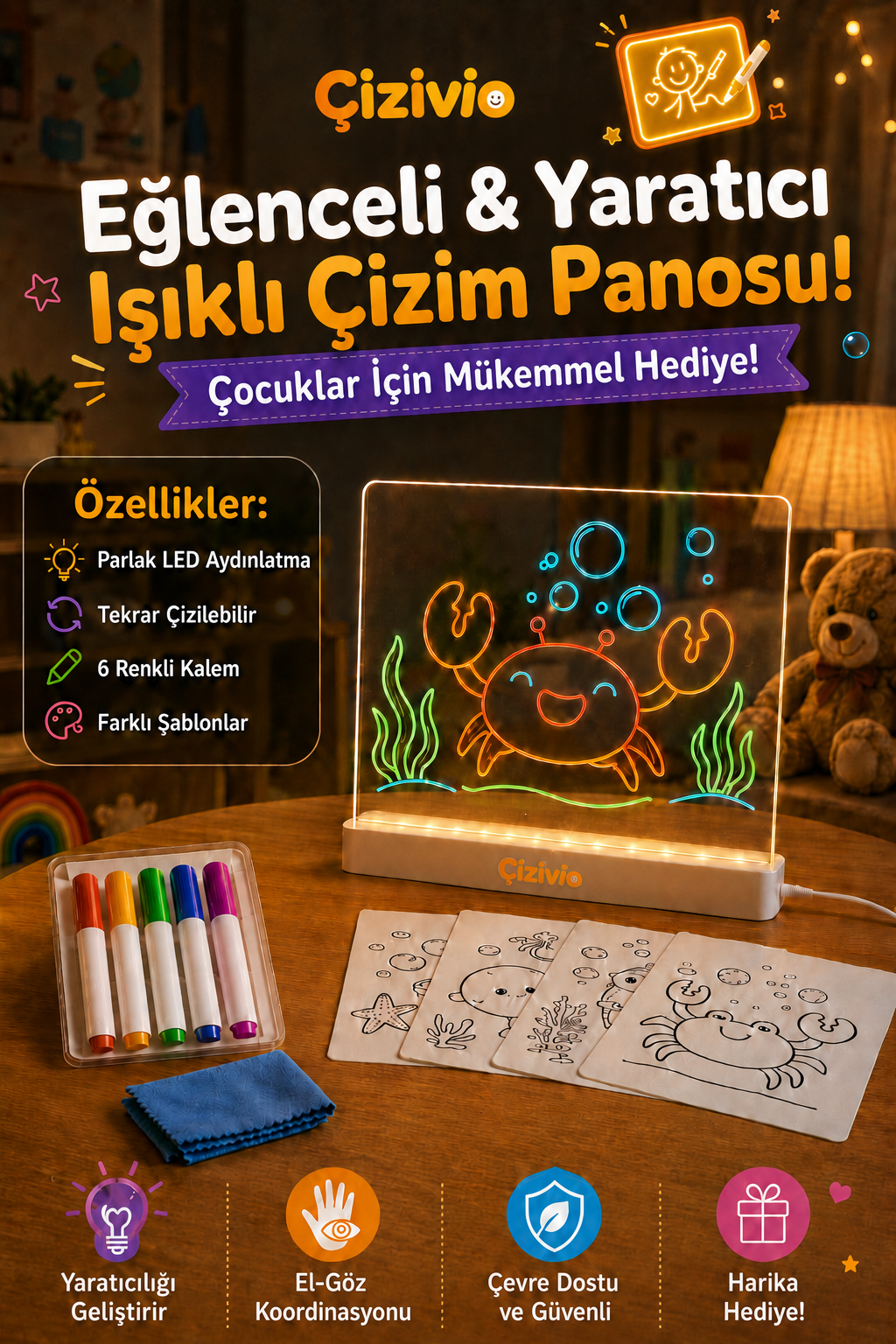 Çizivio LED Işıklı Çizim ve Boyama Panosu – Stantlı, 6 Kalemli Çocuk Aktivite Seti