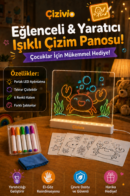 Çizivio LED Işıklı Çizim ve Boyama Panosu – Stantlı, 6 Kalemli Çocuk Aktivite Seti