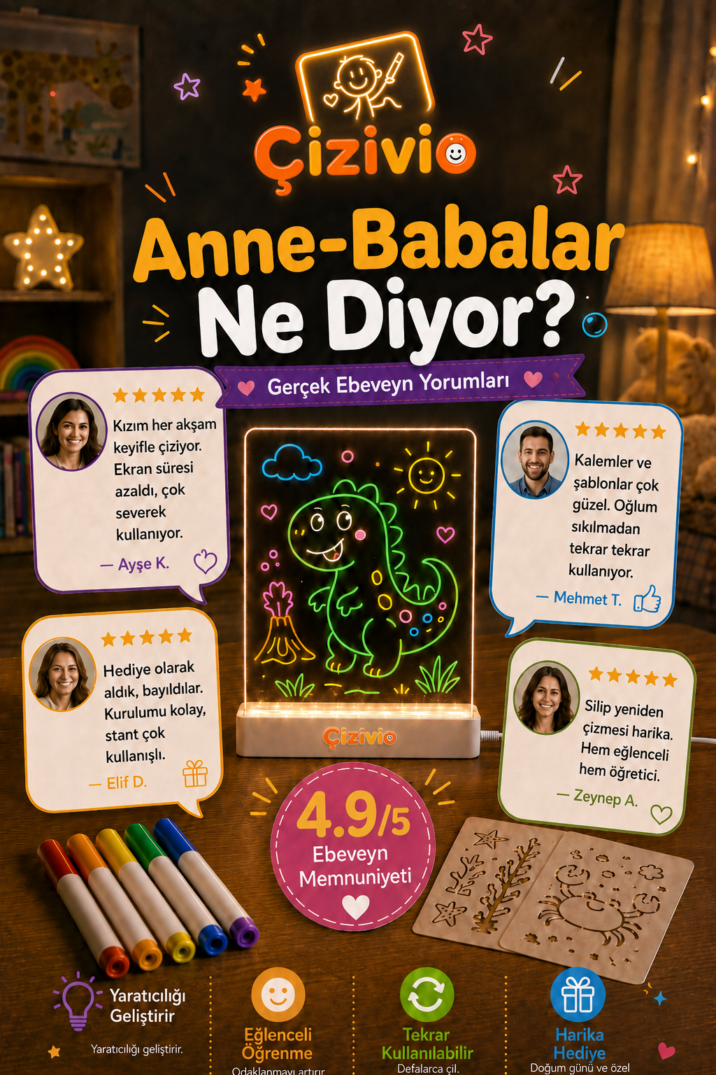 Çizivio LED Işıklı Çizim ve Boyama Panosu – Stantlı, 6 Kalemli Çocuk Aktivite Seti