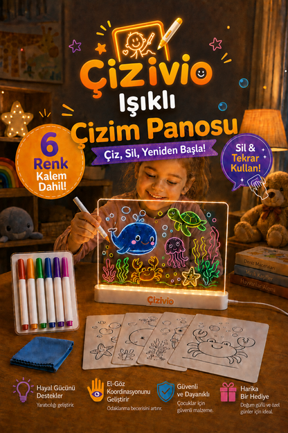 Çizivio LED Işıklı Çizim ve Boyama Panosu – Stantlı, 6 Kalemli Çocuk Aktivite Seti