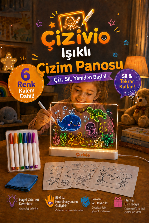 Çizivio LED Işıklı Çizim ve Boyama Panosu – Stantlı, 6 Kalemli Çocuk Aktivite Seti
