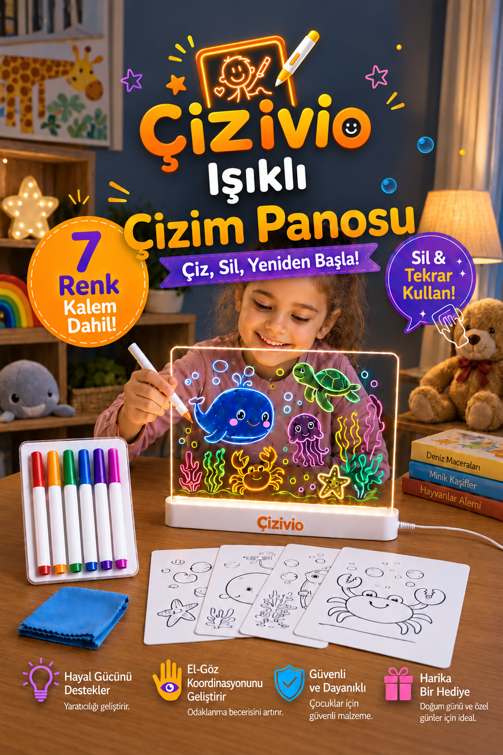 LED Işıklı Çizim ve Boyama Panosu Büyük Boy 30x20 – Stantlı, 7 Kalem Hediye!